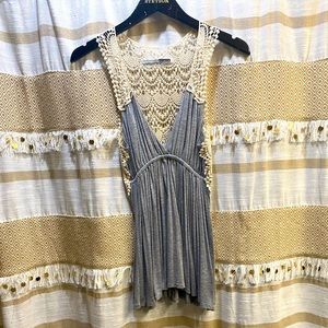 Grey Lace Deep V Blouse, Lace Back
